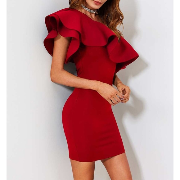 Red One Shoulder Statement Ruffle Bodycon Dress - Picture 3 of 6